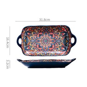 Bohemian Double Ear Ceramic Household Steamed Fish Plate (Color: Blue)